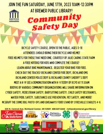 Community Safety Day poster with dates, events, times.